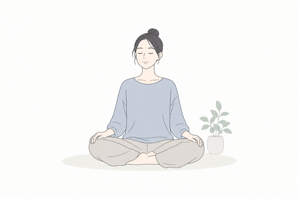 目を閉じて座り、穏やかに呼吸する女性