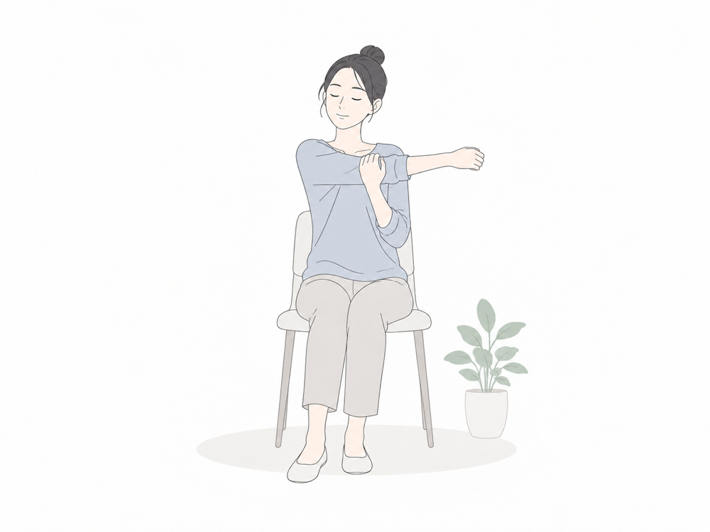 椅子に座って肩まわりを伸ばす女性