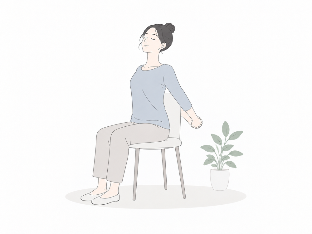 椅子に座って胸を開くストレッチをする女性