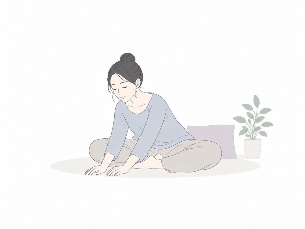 床に座って前屈し、身体を休める女性