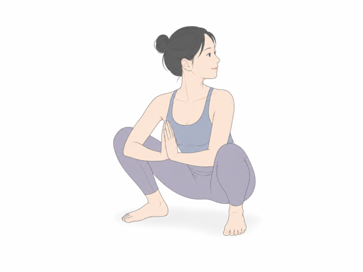 ねじった花輪のポーズ（Revolved Garland Pose）のYogaTown教材イラスト