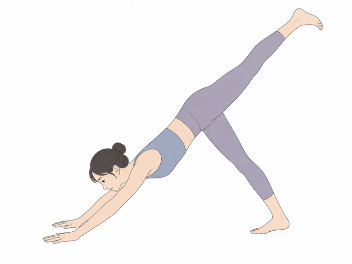 片脚の下向きの犬のポーズ（Three-Legged Downward-Facing Dog）のYogaTown教材イラスト